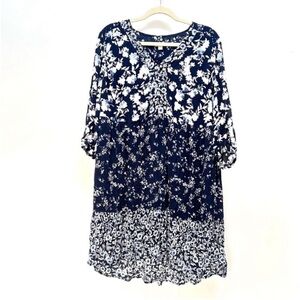 J. Jill Blue & White Floral Babydoll Dress Sz M Petite 3/4 Sleeve Flowy